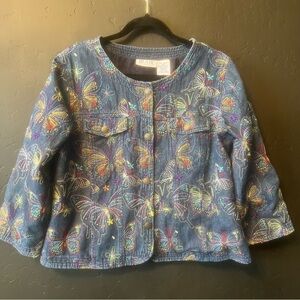 Blair Embroidered Butterfly Button Front 100% Cotton Denim Jacket Size M